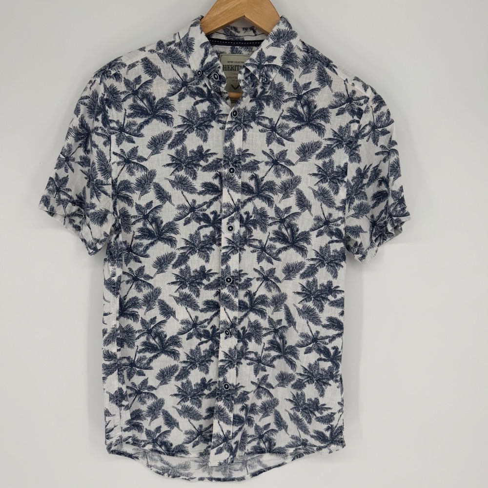 Heritage Report Collection Mens Small Linen Blend Palm Tree Print Shirt Blue